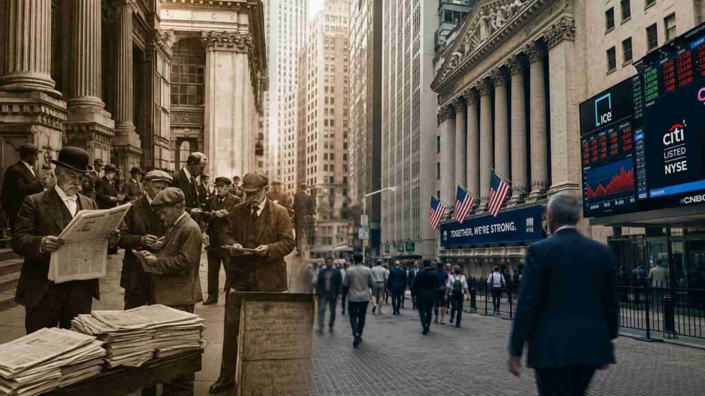 Historic Wall Street scene representing the history of the Dow Jones