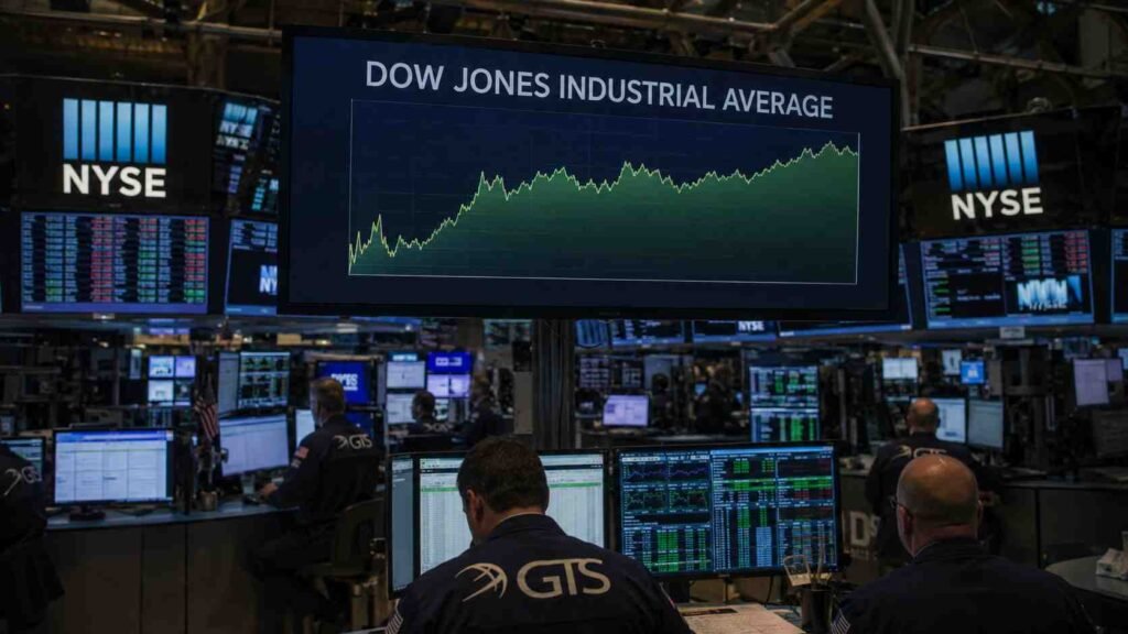 Dow Jones Industrial Average displayed on a stock market monitor