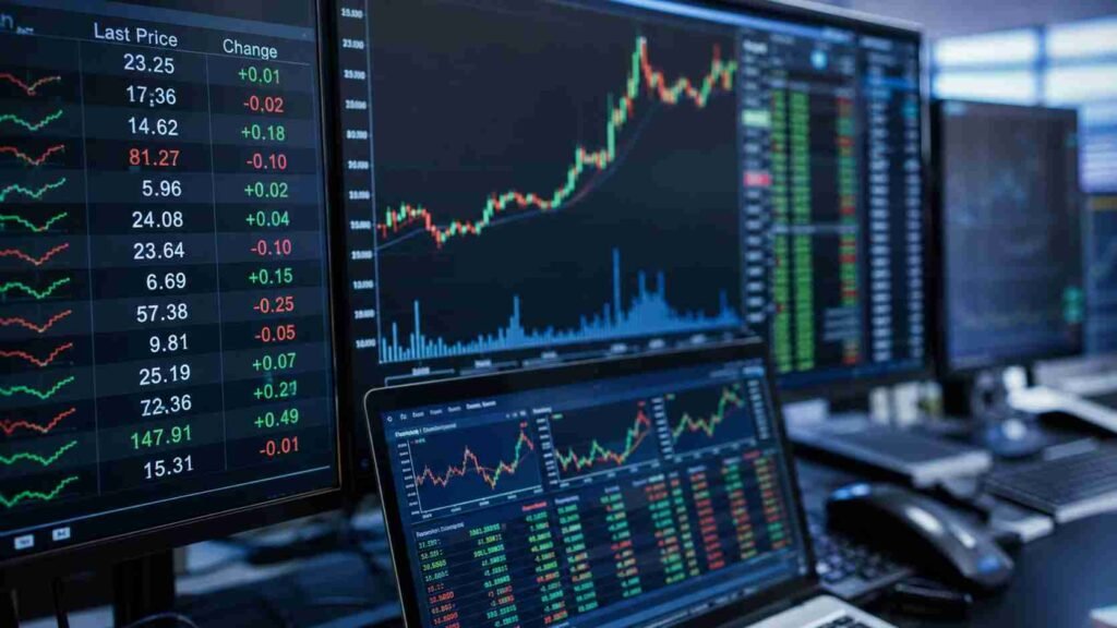 Stock market monitors showing price movements and financial charts