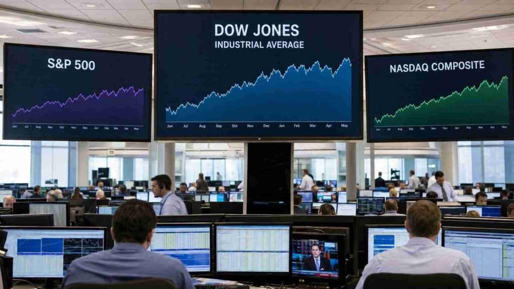 Dow Jones, S&P 500 and Nasdaq market displays in a financial newsroom