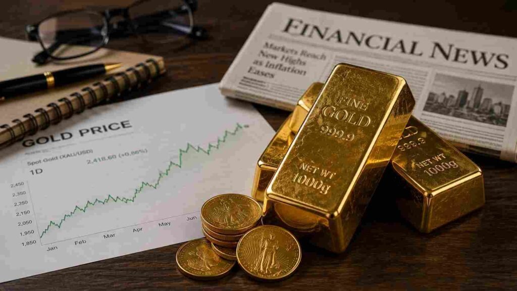 Gold bars and coins beside a gold price chart