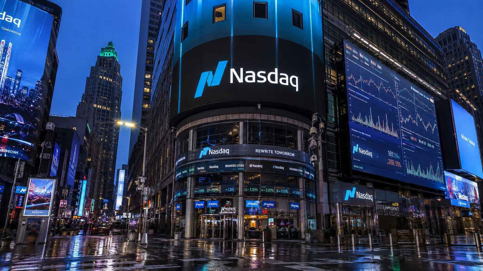 Nasdaq MarketSite and electronic stock market displays