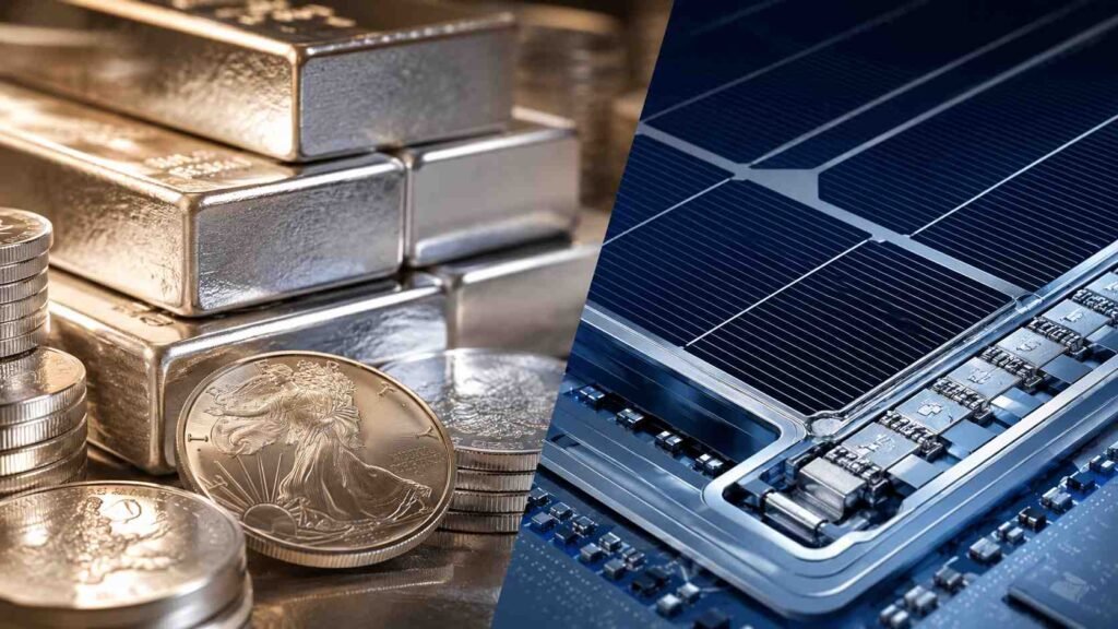 Silver bars and coins next to solar panel silver circuitry, showing silver's dual role as an investment asset and industrial metal