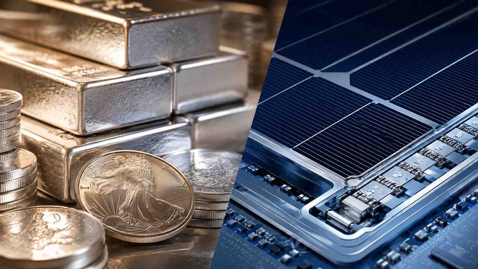 Silver bars and coins next to solar panel silver circuitry, showing silver's dual role as an investment asset and industrial metal
