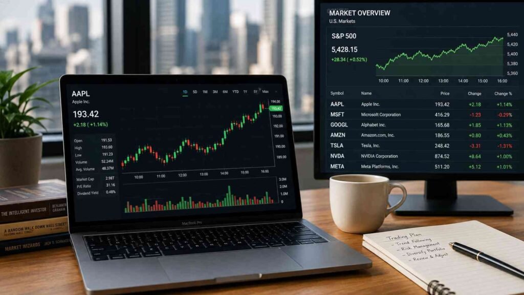Laptop and monitor showing live stock market charts, prices, and a market overview dashboard on an office desk