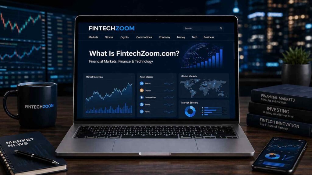 FintechZoom.com financial website displayed on a laptop with market charts