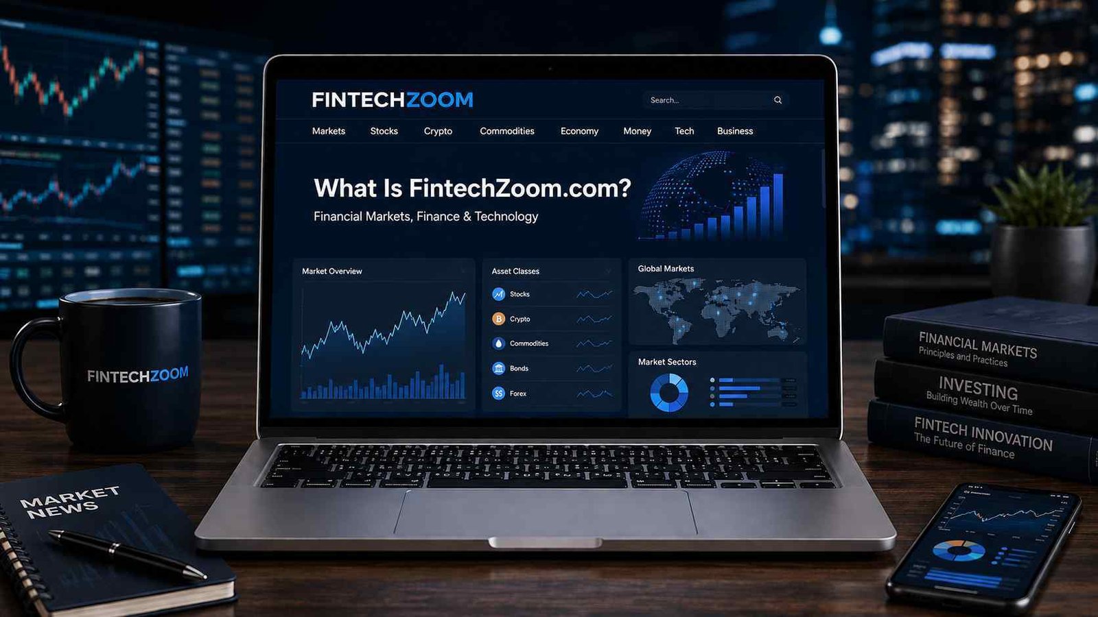 FintechZoom.com financial website displayed on a laptop with market charts